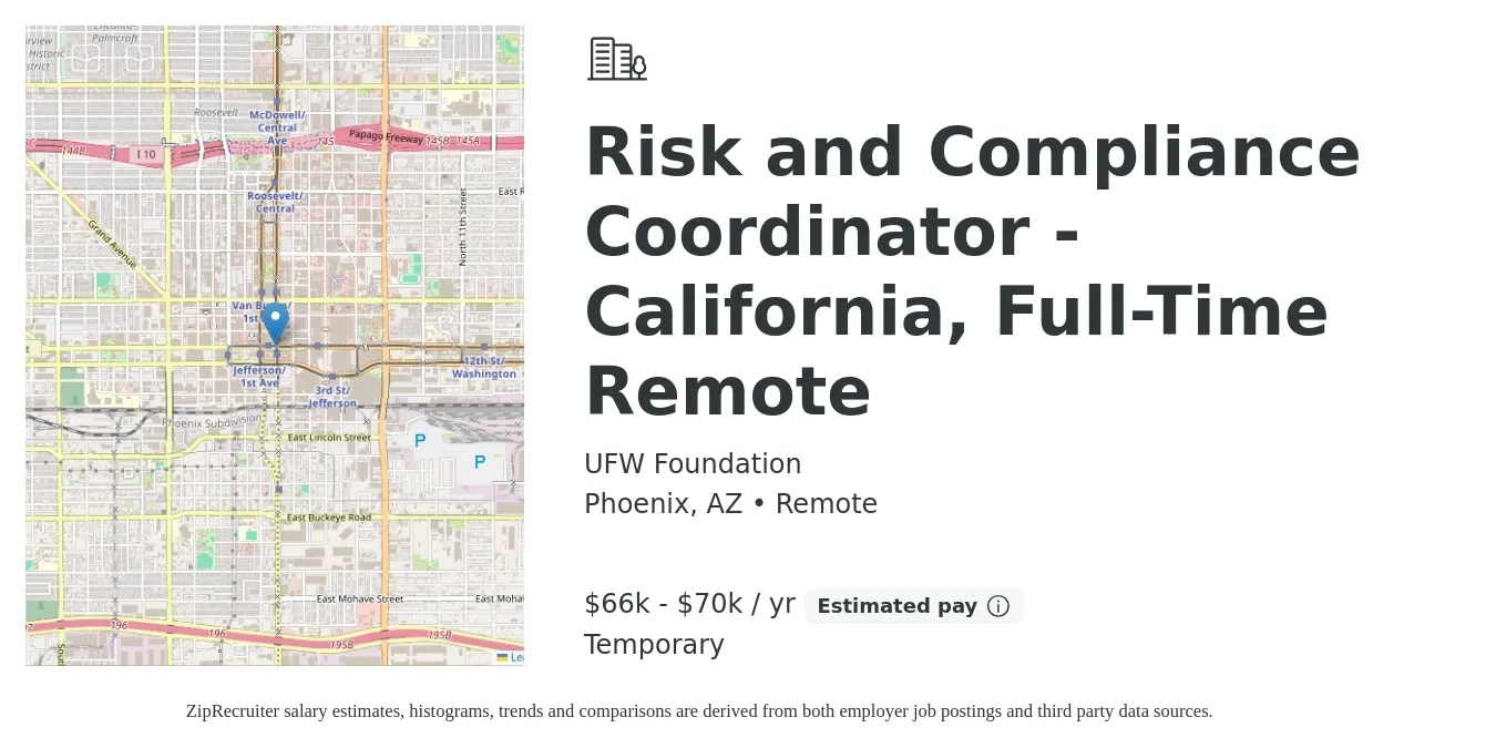 UFW Foundation job posting for a Risk and Compliance Coordinator - California, Full-Time Remote in Phoenix, AZ with a salary of $66,560 to $70,000 Yearly with a map of Phoenix location.
