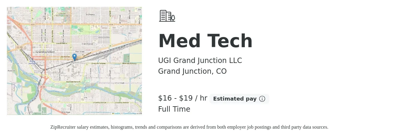 UGI Grand Junction LLC job posting for a Med Tech in Grand Junction, CO with a salary of $18 to $20 Hourly with a map of Grand Junction location.