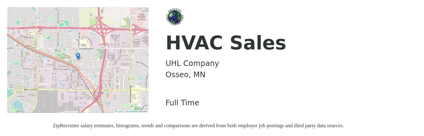 UHL Company job posting for a HVAC Sales in Osseo, MN with a salary of $70,000 to $140,000 Yearly with a map of Osseo location.