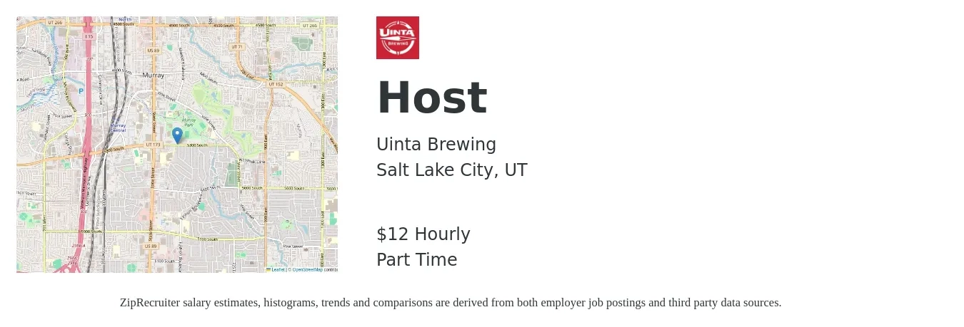 Uinta Brewing job posting for a Host in Salt Lake City, UT with a salary of $13 Hourly with a map of Salt Lake City location.