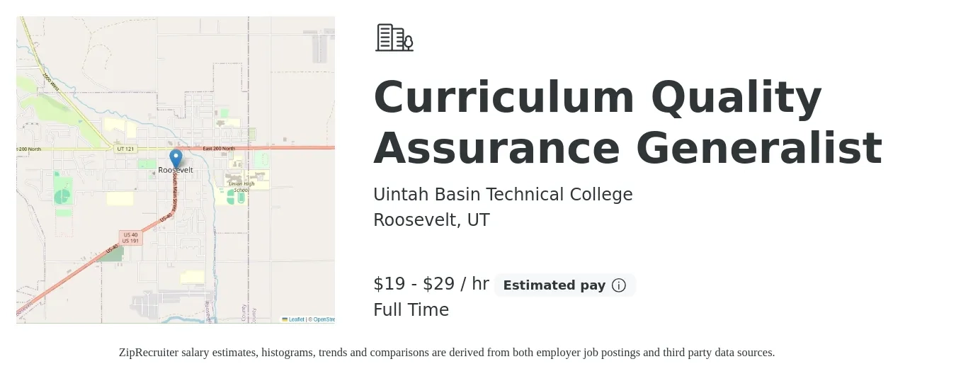 Uintah Basin Technical College job posting for a Curriculum Quality Assurance Generalist in Roosevelt, UT with a salary of $42,771 to $64,157 Yearly with a map of Roosevelt location.