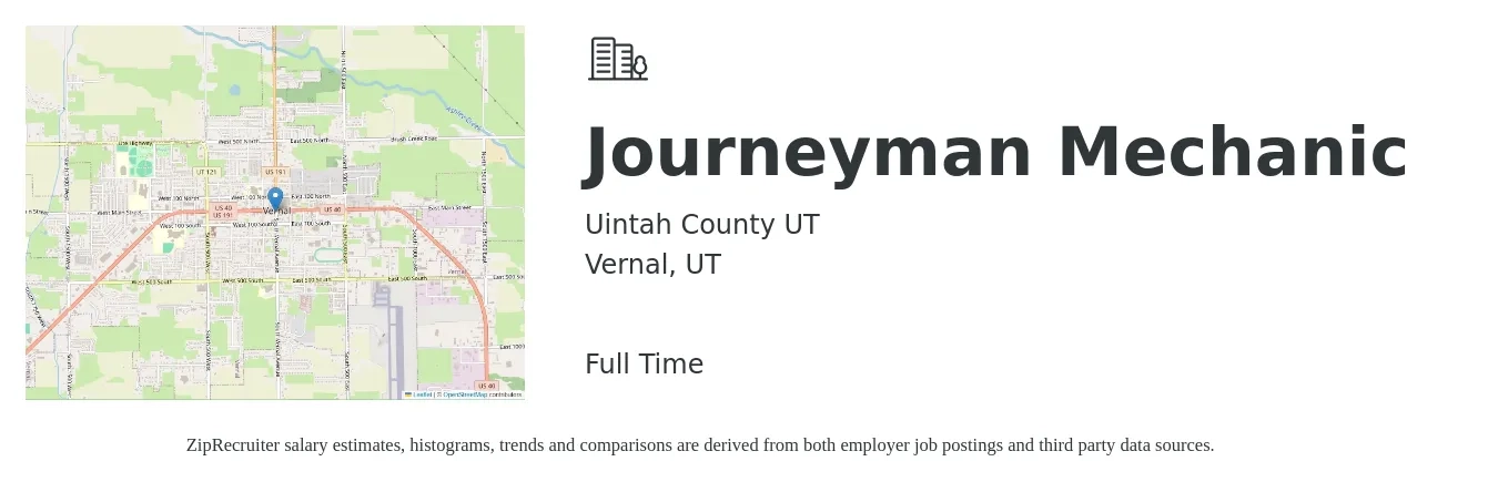 Uintah County UT job posting for a Journeyman Mechanic in Vernal, UT with a salary of $27 Hourly with a map of Vernal location.