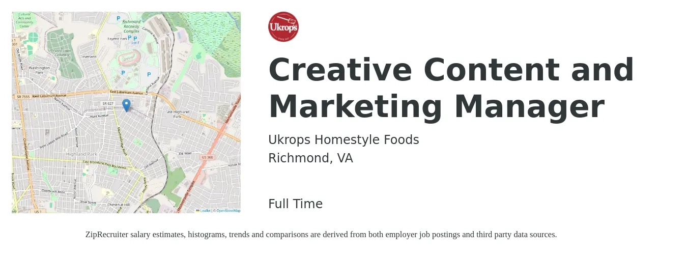 Ukrops Homestyle Foods job posting for a Creative Content and Marketing Manager in Richmond, VA with a salary of $59,700 to $86,500 Yearly with a map of Richmond location.