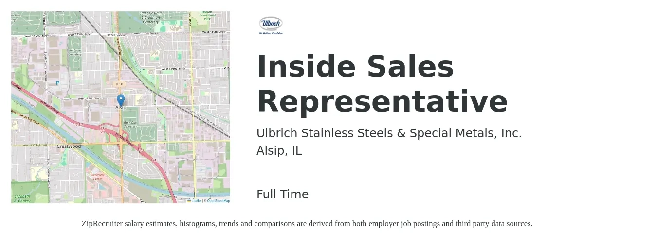 Ulbrich Stainless Steels & Special Metals, Inc. job posting for a Inside Sales Representative in Alsip, IL with a salary of $40,200 to $60,100 Yearly with a map of Alsip location.