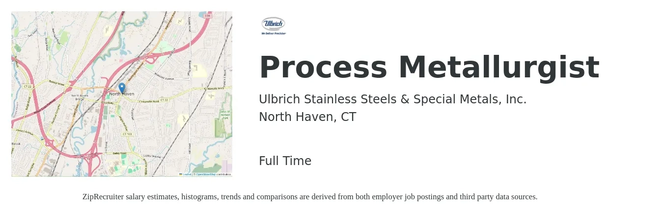 Ulbrich Stainless Steels & Special Metals, Inc. job posting for a Process Metallurgist in North Haven, CT with a salary of $82,600 to $101,500 Yearly with a map of North Haven location.