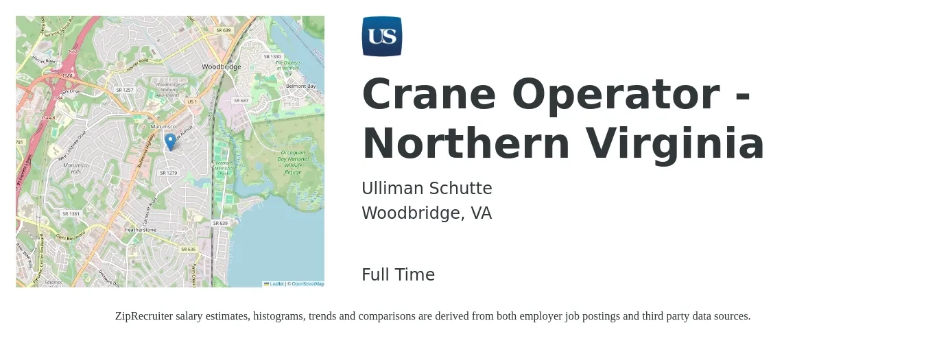 Ulliman Schutte job posting for a Crane Operator - Northern Virginia in Woodbridge, VA with a salary of $22 to $34 Hourly with a map of Woodbridge location.
