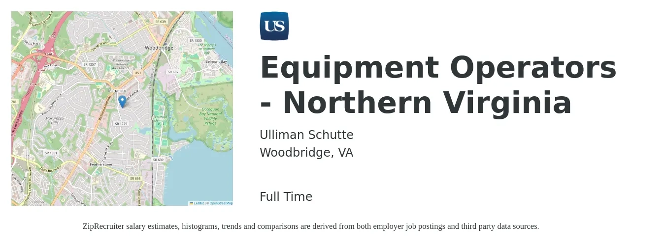 Ulliman Schutte job posting for a Equipment Operators - Northern Virginia in Woodbridge, VA with a salary of $20 to $28 Hourly with a map of Woodbridge location.