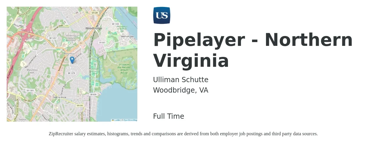 Ulliman Schutte job posting for a Pipelayer - Northern Virginia in Woodbridge, VA with a salary of $19 to $25 Hourly with a map of Woodbridge location.