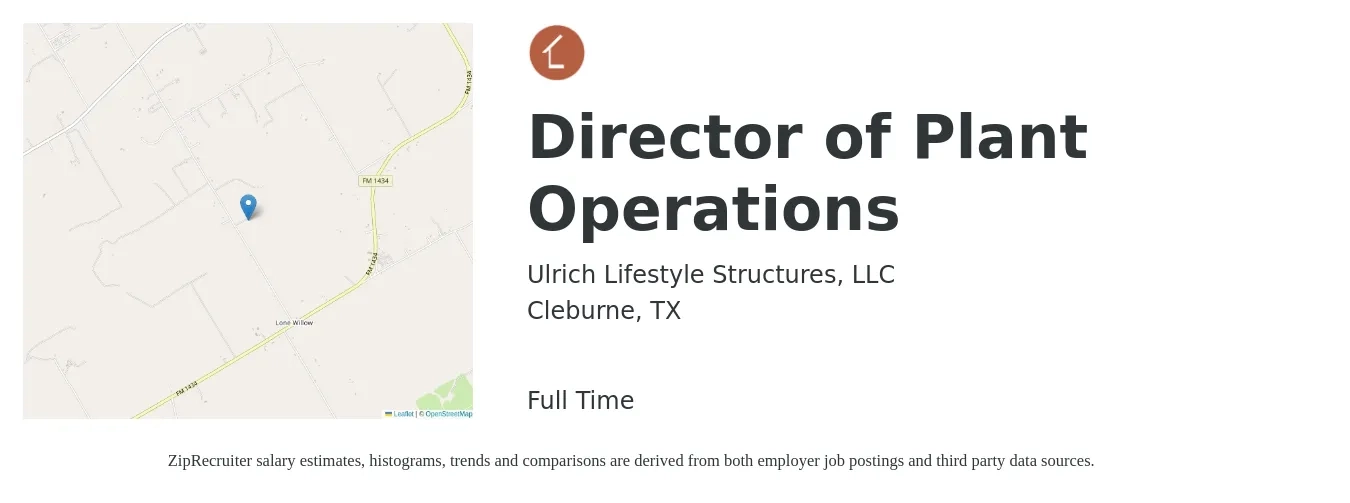 Ulrich Lifestyle Structures, LLC job posting for a Director of Plant Operations in Cleburne, TX with a salary of $69,700 to $132,600 Yearly with a map of Cleburne location.