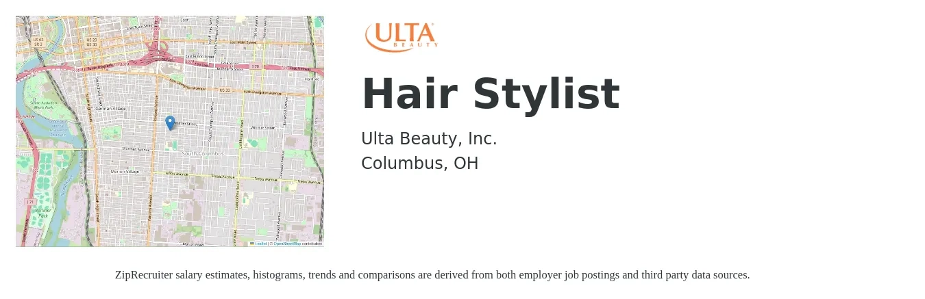 Ulta Beauty job posting for a Hair Stylist in Columbus, OH with a salary of $800 Weekly with a map of Columbus location.