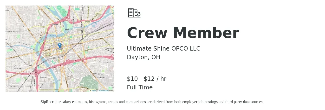 Ultimate Shine OPCO LLC job posting for a Crew Member in Dayton, OH with a salary of $11 to $13 Hourly with a map of Dayton location.