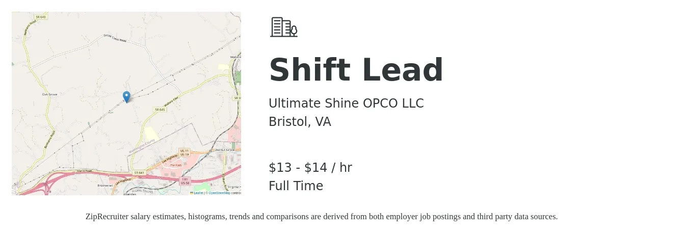 Ultimate Shine OPCO LLC job posting for a Shift Lead in Bristol, VA with a salary of $14 to $15 Hourly with a map of Bristol location.