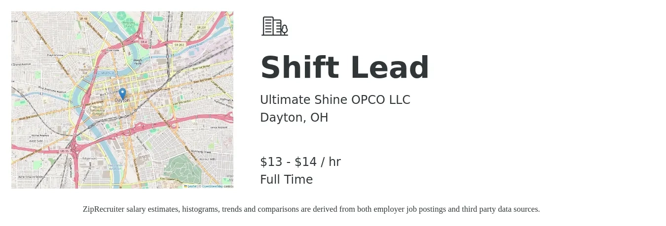 Ultimate Shine OPCO LLC job posting for a Shift Lead in Dayton, OH with a salary of $14 to $15 Hourly with a map of Dayton location.