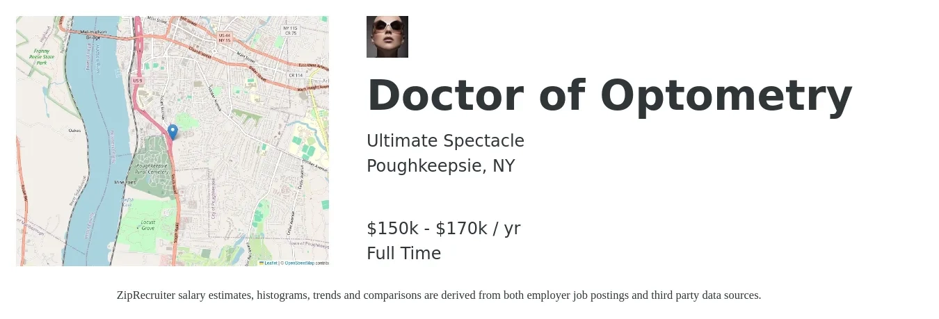 Ultimate Spectacle job posting for a Doctor of Optometry in Poughkeepsie, NY with a salary of $150,000 to $170,000 Yearly with a map of Poughkeepsie location.