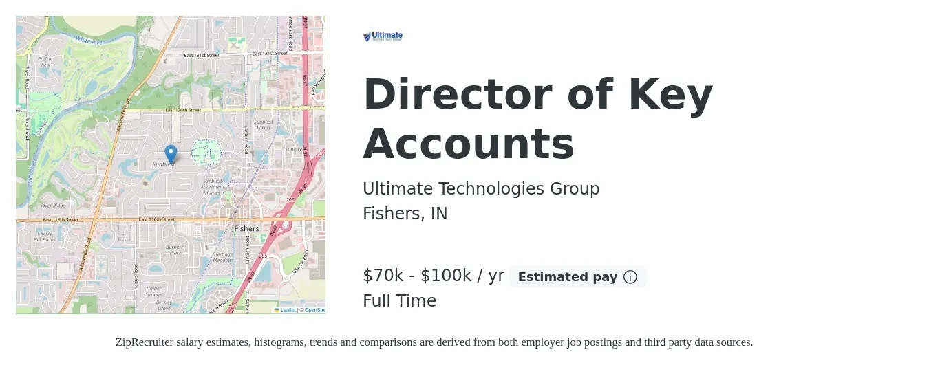 Ultimate Technologies Group job posting for a Director of Key Accounts in Fishers, IN with a salary of $70,000 to $100,000 Yearly with a map of Fishers location.