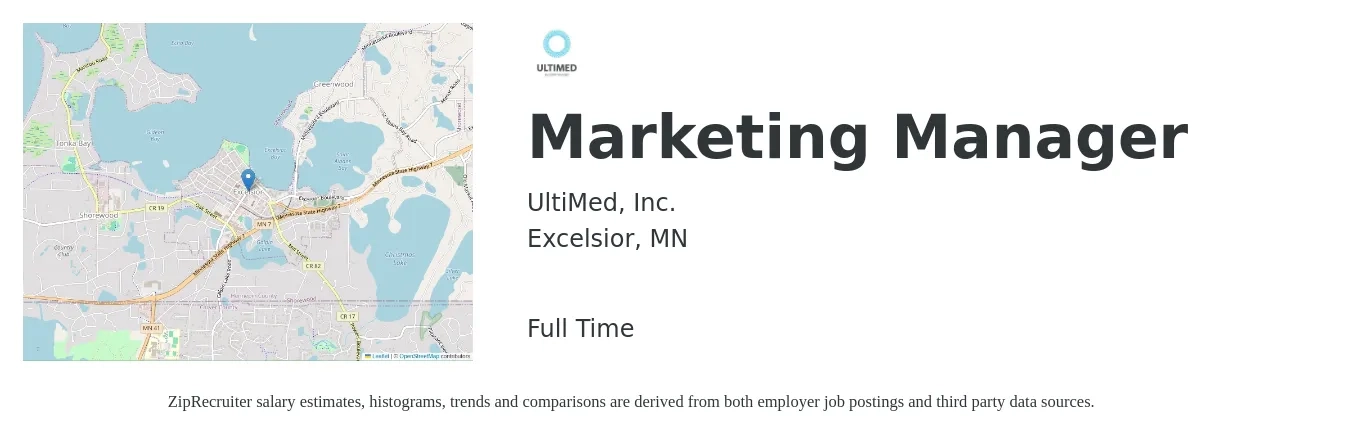 UltiMed, Inc. job posting for a Marketing Manager in Excelsior, MN with a salary of $67,100 to $109,600 Yearly with a map of Excelsior location.