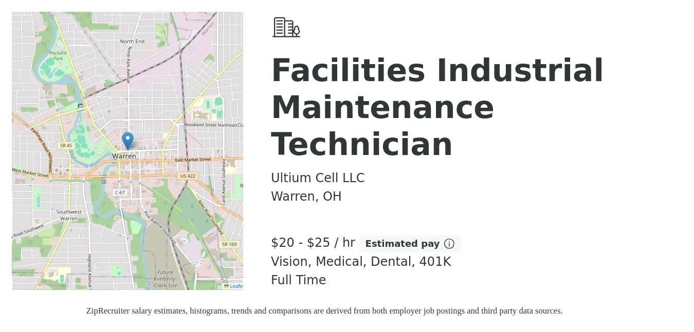 Ultium Cell LLC job posting for a Facilities Industrial Maintenance Technician in Warren, OH with a salary of $21 to $27 Hourly and benefits including vision, 401k, dental, life_insurance, and medical with a map of Warren location.