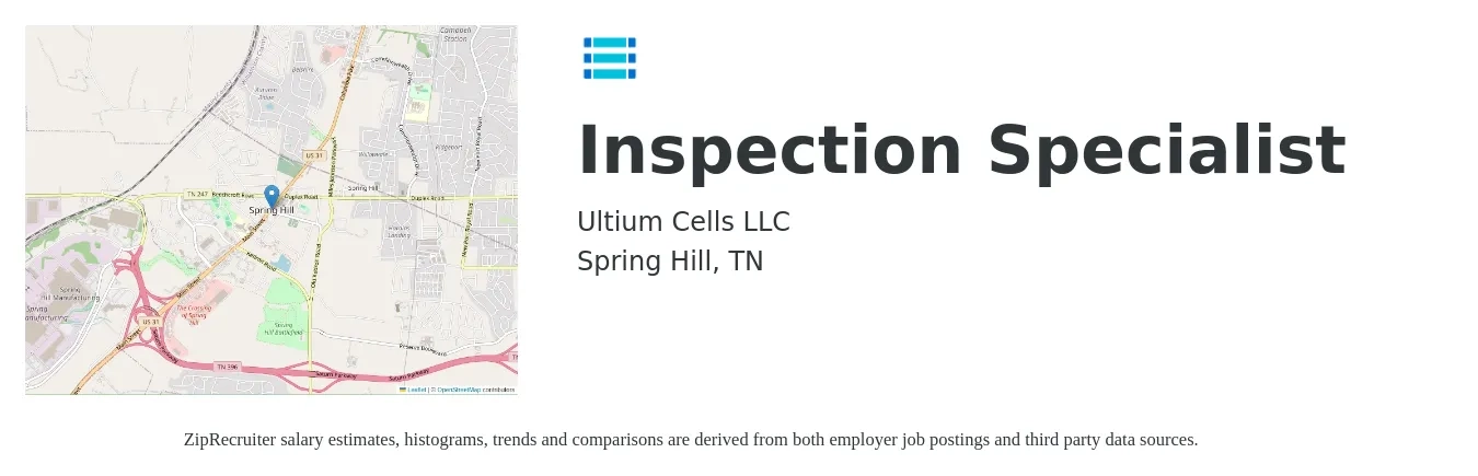 Ultium Cells LLC job posting for a Inspection Specialist in Spring Hill, TN with a salary of $20 to $30 Hourly with a map of Spring Hill location.