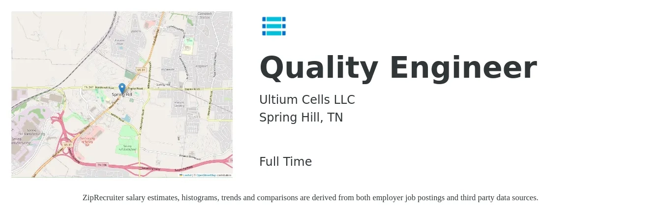 Ultium Cells LLC job posting for a Quality Engineer in Spring Hill, TN with a salary of $67,700 to $87,400 Yearly with a map of Spring Hill location.