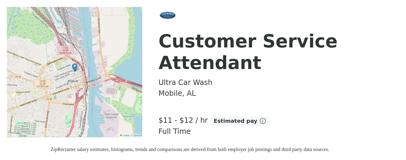 Ultra Car Wash job posting for a Customer Service Attendant in Mobile, AL with a salary of $12 to $13 Hourly with a map of Mobile location.
