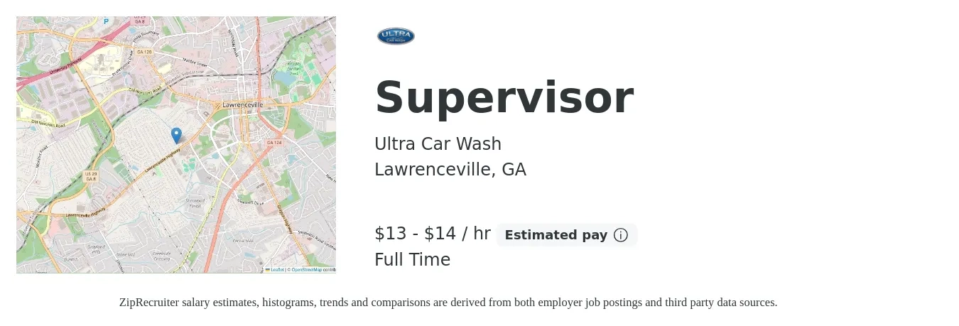 Ultra Car Wash job posting for a Supervisor in Lawrenceville, GA with a salary of $14 to $15 Hourly with a map of Lawrenceville location.