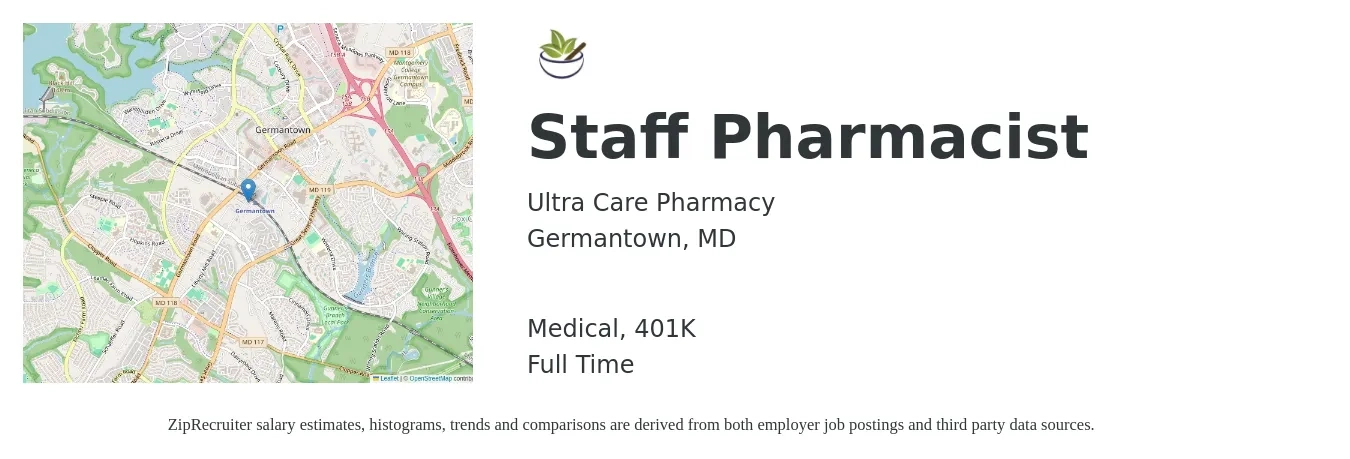 Ultra Care Pharmacy job posting for a Staff Pharmacist in Germantown, MD with a salary of $60 to $71 Hourly and benefits including 401k, and medical with a map of Germantown location.