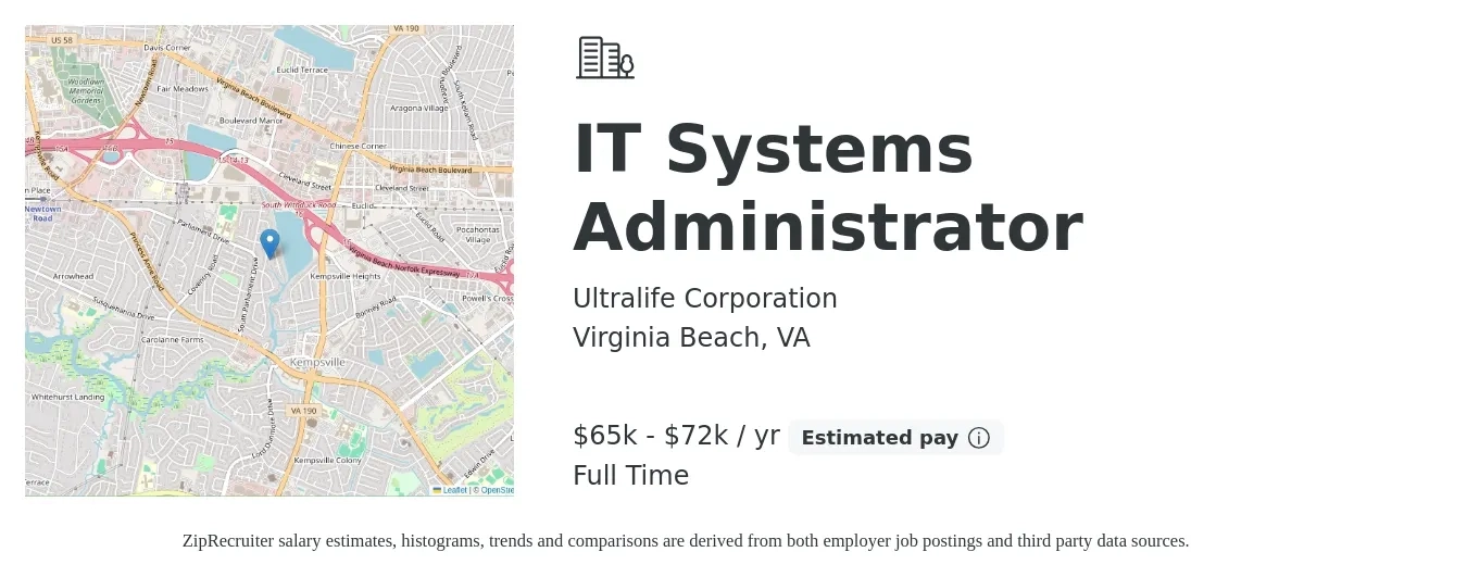 Ultralife Corporation job posting for a IT Systems Administrator in Virginia Beach, VA with a salary of $65,000 to $72,000 Yearly with a map of Virginia Beach location.