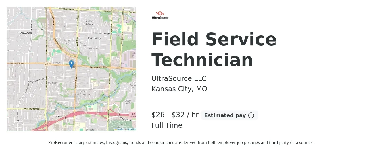 UltraSource LLC job posting for a Field Service Technician in Kansas City, MO with a salary of $28 to $34 Hourly with a map of Kansas City location.
