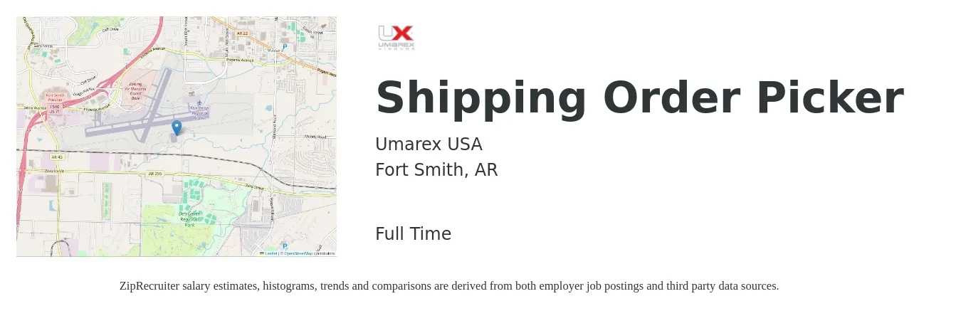 Umarex USA job posting for a Shipping Order Picker in Fort Smith, AR with a salary of $15 Hourly with a map of Fort Smith location.
