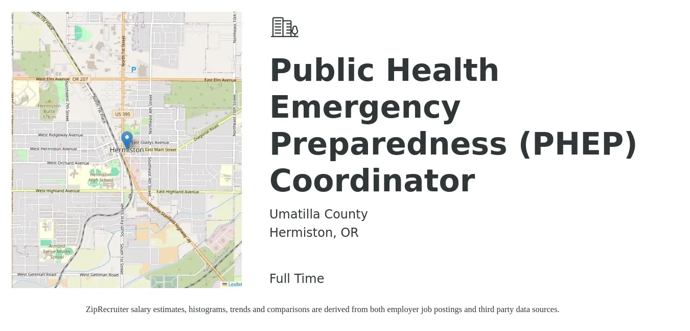 Umatilla County job posting for a Public Health Emergency Preparedness (PHEP) Coordinator in Hermiston, OR with a salary of $4,699 Monthly with a map of Hermiston location.