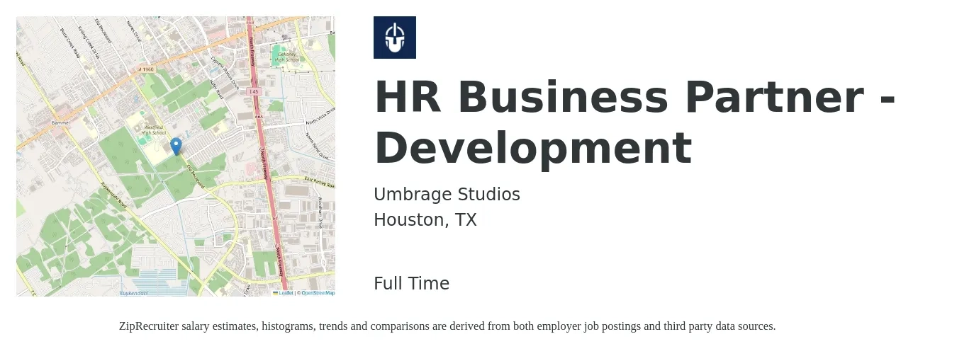 Umbrage Studios job posting for a HR Business Partner - Development in Houston, TX with a salary of $68,700 to $97,800 Yearly with a map of Houston location.