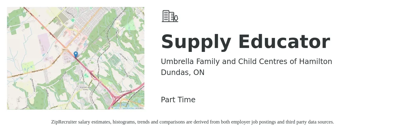 Umbrella Family and Child Centres of Hamilton job posting for a Supply Educator in Dundas, ON with a map of Dundas location.