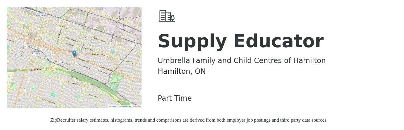 Umbrella Family and Child Centres of Hamilton job posting for a Supply Educator in Hamilton, ON with a map of Hamilton location.