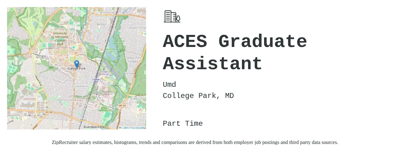 Umd job posting for a ACES Graduate Assistant in College Park, MD with a salary of $16 to $22 Hourly with a map of College Park location.