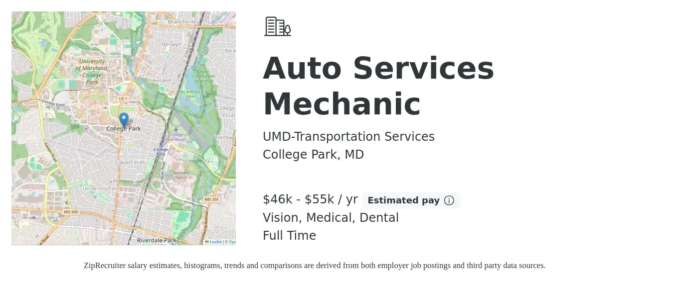 UMD-Transportation Services job posting for a Auto Services Mechanic in College Park, MD with a salary of $46,407 to $55,688 Yearly and benefits including retirement, vision, dental, life_insurance, and medical with a map of College Park location.