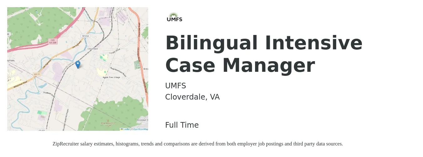 UMFS job posting for a Bilingual Intensive Case Manager in Cloverdale, VA with a salary of $18 to $24 Hourly with a map of Cloverdale location.