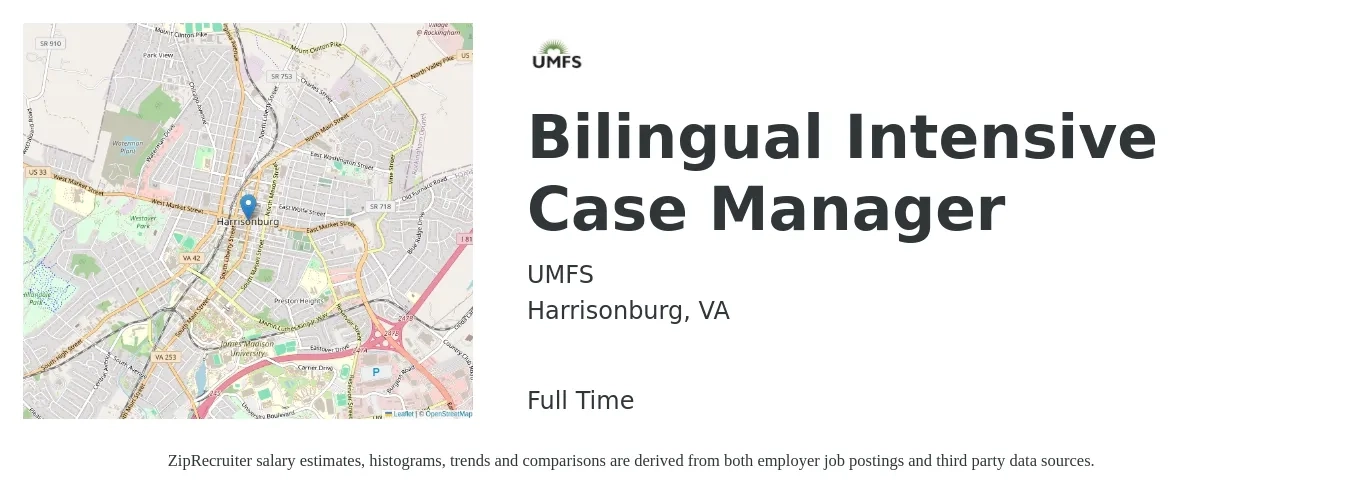 UMFS job posting for a Bilingual Intensive Case Manager in Harrisonburg, VA with a salary of $20 to $26 Hourly with a map of Harrisonburg location.