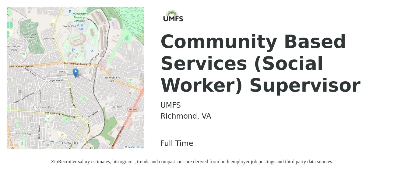 UMFS job posting for a Community Based Services (Social Worker) Supervisor in Richmond, VA with a salary of $58,900 to $87,100 Yearly with a map of Richmond location.