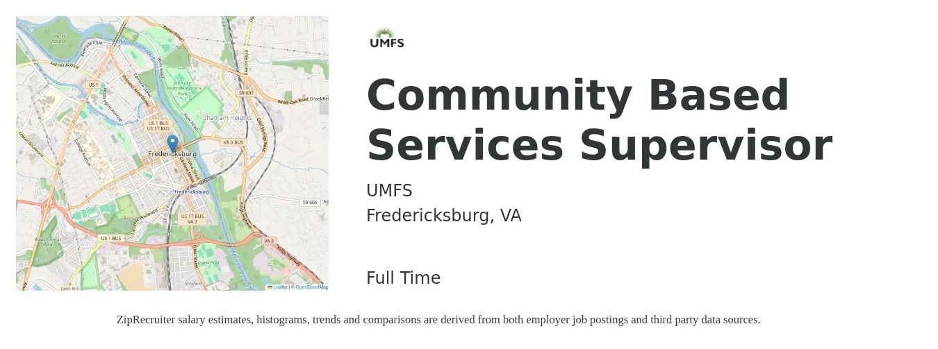 UMFS job posting for a Community Based Services Supervisor in Fredericksburg, VA with a salary of $46,400 to $84,900 Yearly with a map of Fredericksburg location.