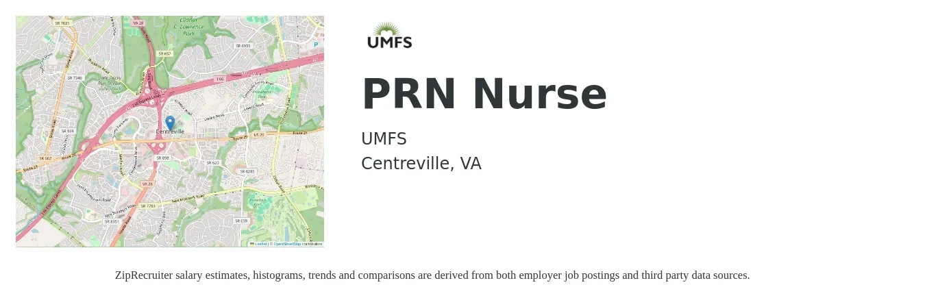 UMFS job posting for a PRN Nurse in Centreville, VA with a salary of $30 to $43 Hourly with a map of Centreville location.