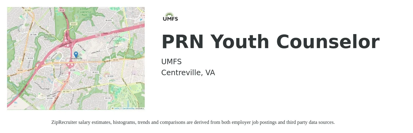 UMFS job posting for a PRN Youth Counselor in Centreville, VA with a salary of $16 to $24 Hourly with a map of Centreville location.
