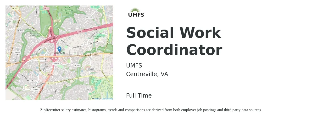 UMFS job posting for a Social Work Coordinator in Centreville, VA with a salary of $44,600 to $76,800 Yearly with a map of Centreville location.