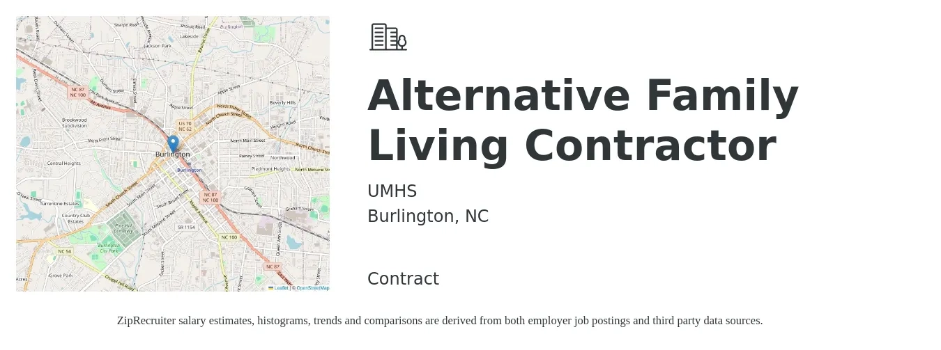 UMHS job posting for a Alternative Family Living Contractor in Burlington, NC with a salary of $12 to $15 Hourly with a map of Burlington location.