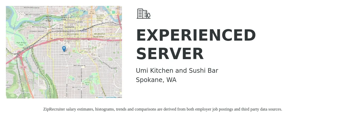Umi Kitchen and Sushi Bar job posting for a EXPERIENCED SERVER in Spokane, WA with a salary of $16 Hourly with a map of Spokane location.