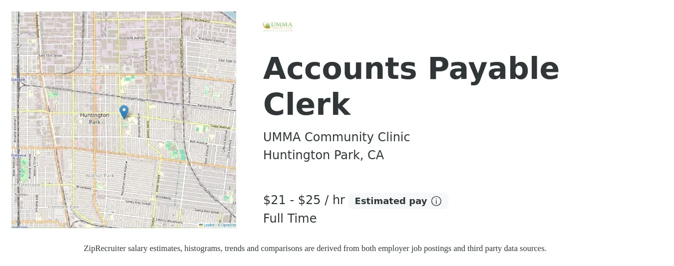 UMMA Community Clinic job posting for a Accounts Payable Clerk in Huntington Park, CA with a salary of $22 to $26 Hourly with a map of Huntington Park location.