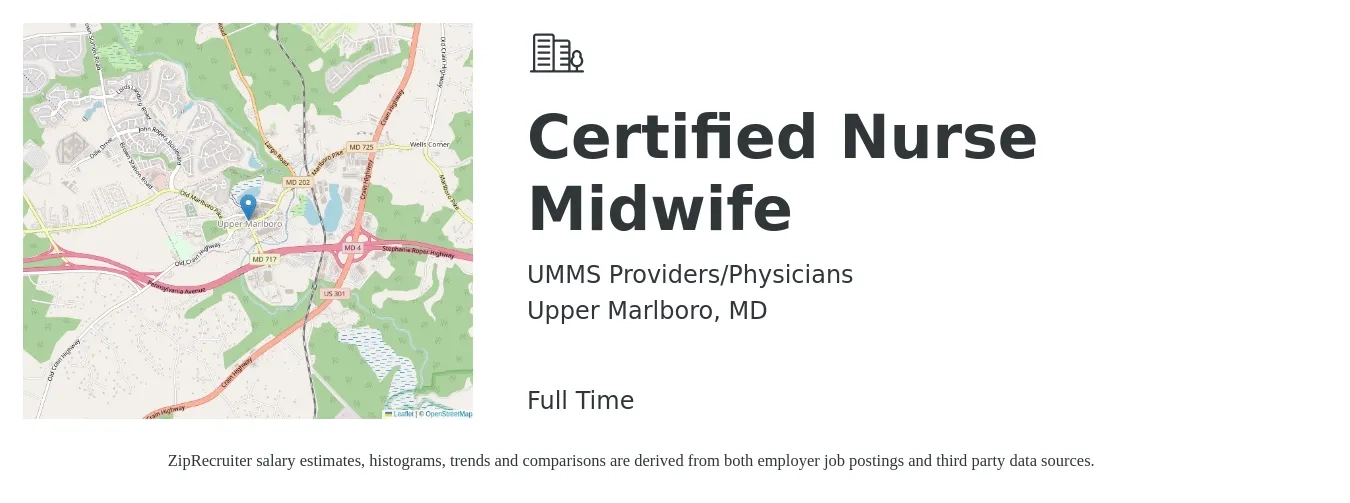 UMMS Providers/Physicians job posting for a Certified Nurse Midwife in Upper Marlboro, MD with a salary of $92,700 to $128,400 Yearly with a map of Upper Marlboro location.
