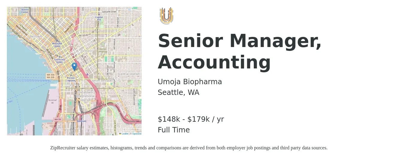 Umoja Biopharma job posting for a Senior Manager, Accounting in Seattle, WA with a salary of $148,000 to $179,000 Yearly with a map of Seattle location.