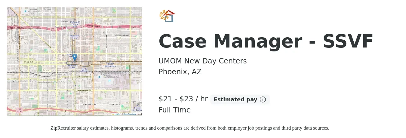 UMOM New Day Centers job posting for a Case Manager - SSVF in Phoenix, AZ with a salary of $22 to $25 Hourly with a map of Phoenix location.