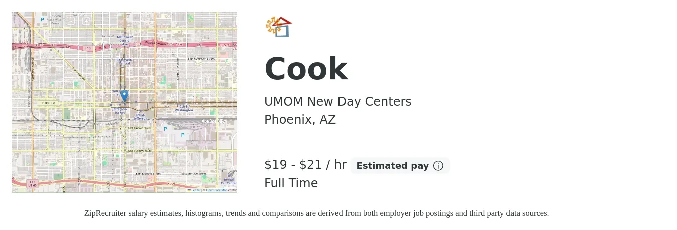UMOM New Day Centers job posting for a Cook in Phoenix, AZ with a salary of $20 to $23 Hourly with a map of Phoenix location.