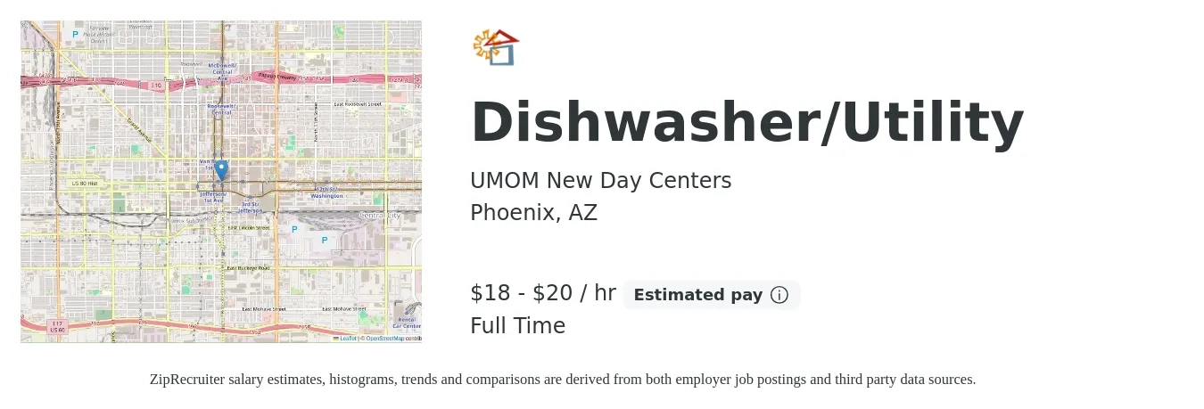 UMOM New Day Centers job posting for a Dishwasher/Utility in Phoenix, AZ with a salary of $19 to $21 Hourly with a map of Phoenix location.